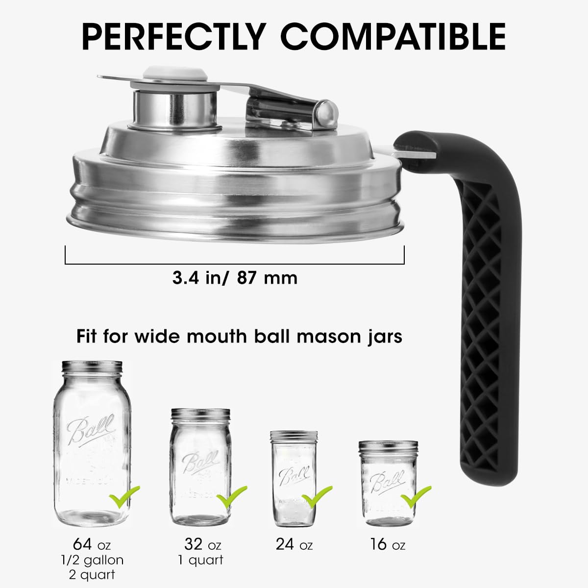 Aieve Stainless Steel Mason Jar Pour Spout Lid, 2 Pack Wide Mouth Mason Jar Pitcher Flip Cap Lids with Handle for Ball Jar Lids (3.38 inch)
