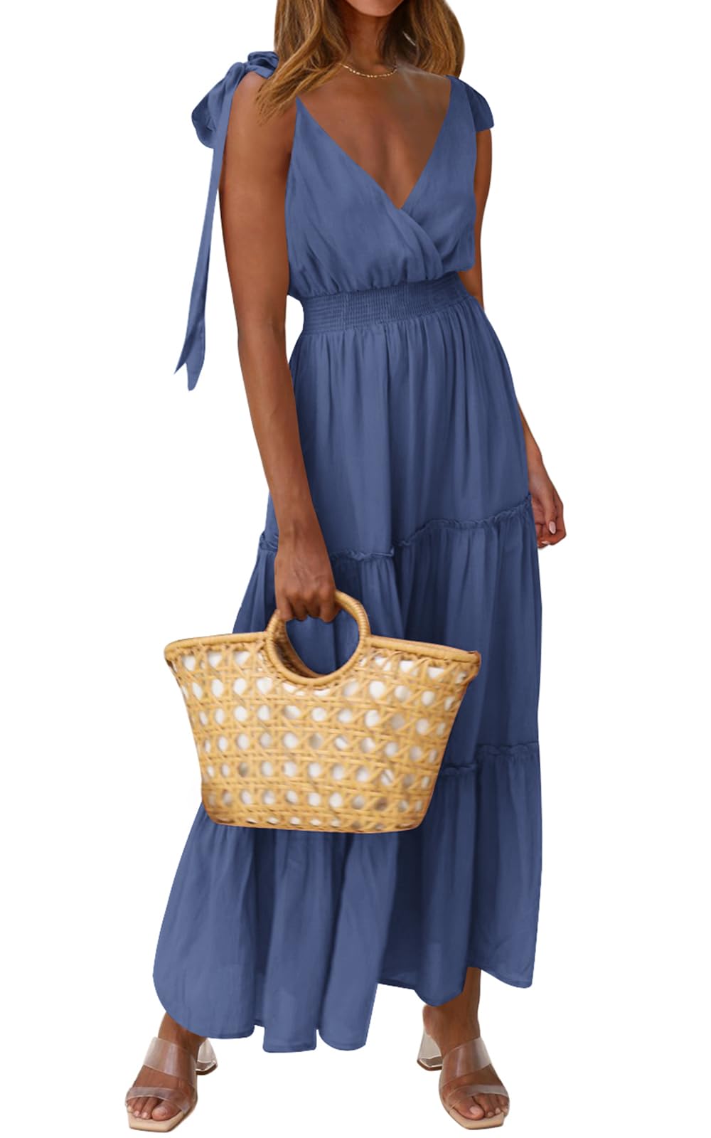 PRETTYGARDEN Women's Cross Neck Summer Sleeveless Tiered Maxi Dress Beach Tie Strap Smocked Long Dresses Pleated Sundress
