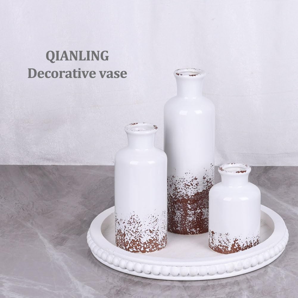 Ceramic Vase Set - 3 Ceramic Small Vases, Farmhouse Country Flower Vase Home Decor, Living Room Decoration, Table Decoration, Fireplace Decor, and Entrance Decorations Centerpieces