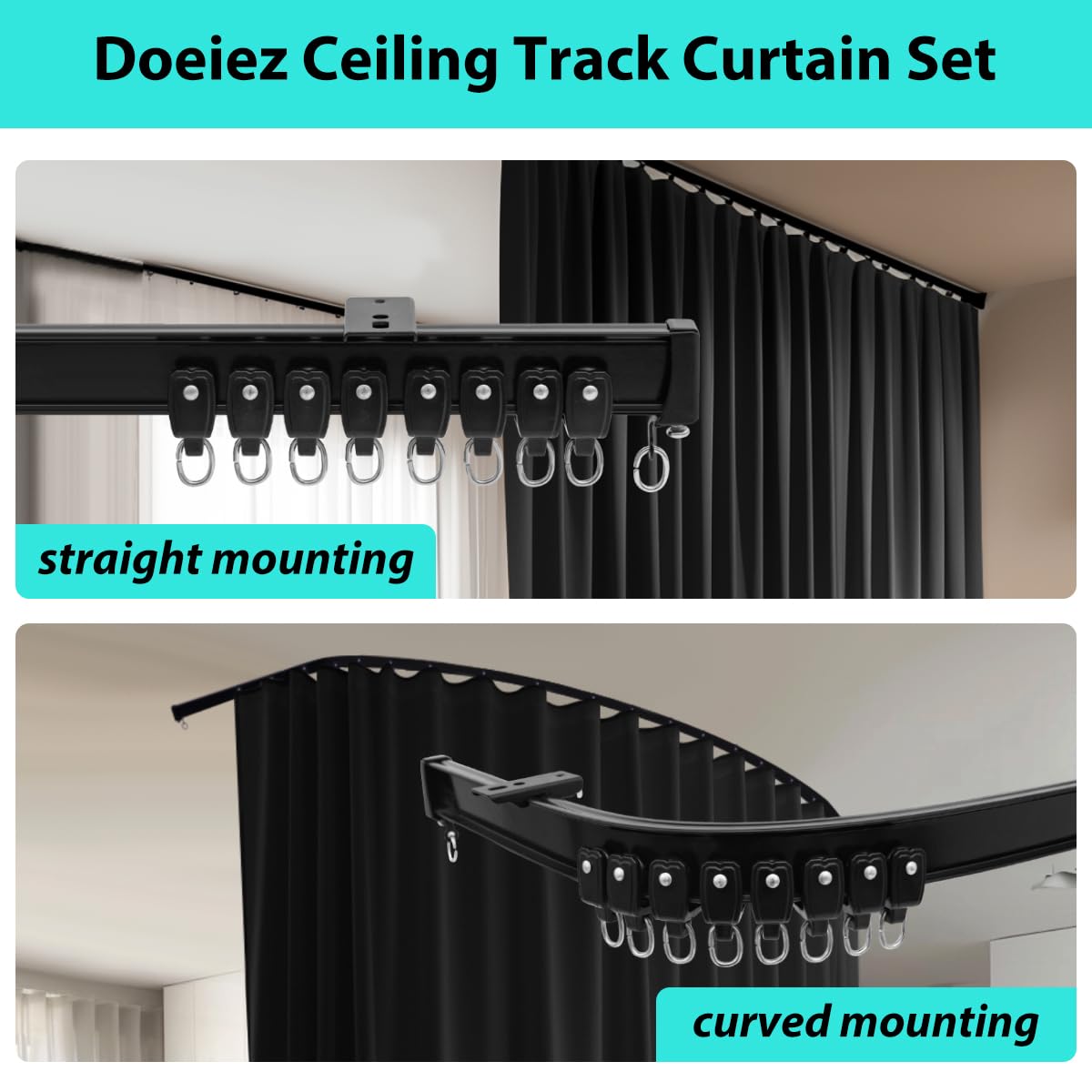 Room Divider Blackout Curtains Flexible Sliding Tracks Sets Ceiling Mounted Rod Window Curtain Privacy Separation for Bedroom Living Rooms,1 Panel Beige Drape and Black Track Set-W108xH72 in