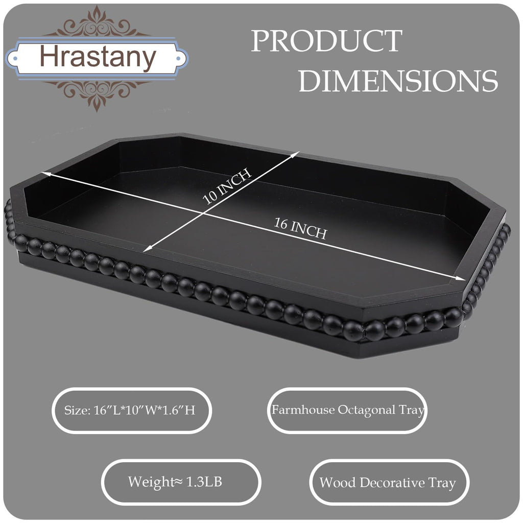 Hrastany Wood Rustic Serving Tray with Beads, Farmhouse Black Decorative Tray for Table Centerpiece, Christmas Wedding Halloween Home Decor