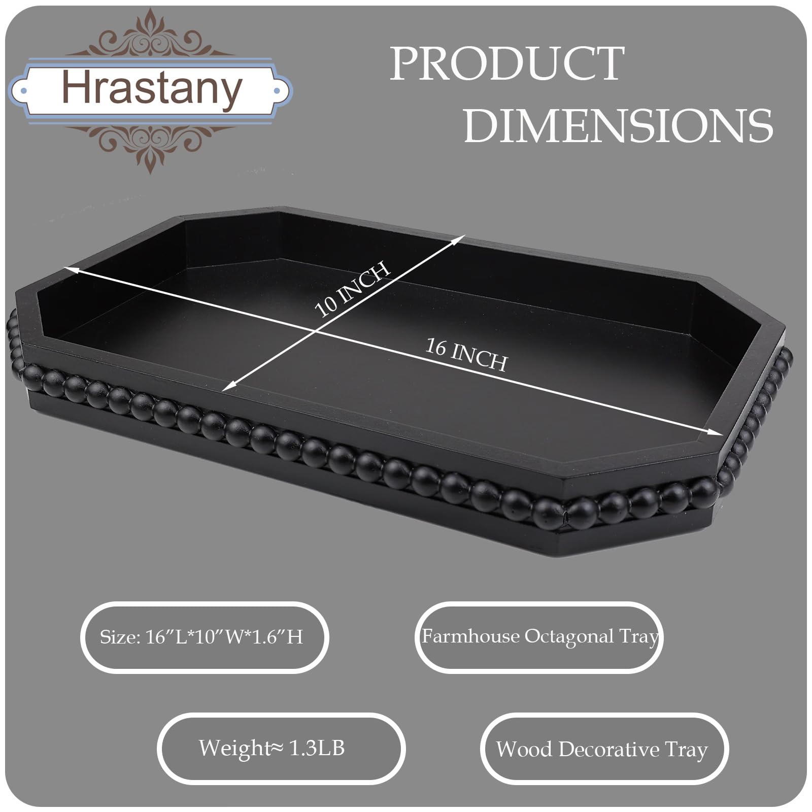 Hrastany Wood Rustic Serving Tray with Beads, Farmhouse Black Decorative Tray for Table Centerpiece, Christmas Wedding Halloween Home Decor