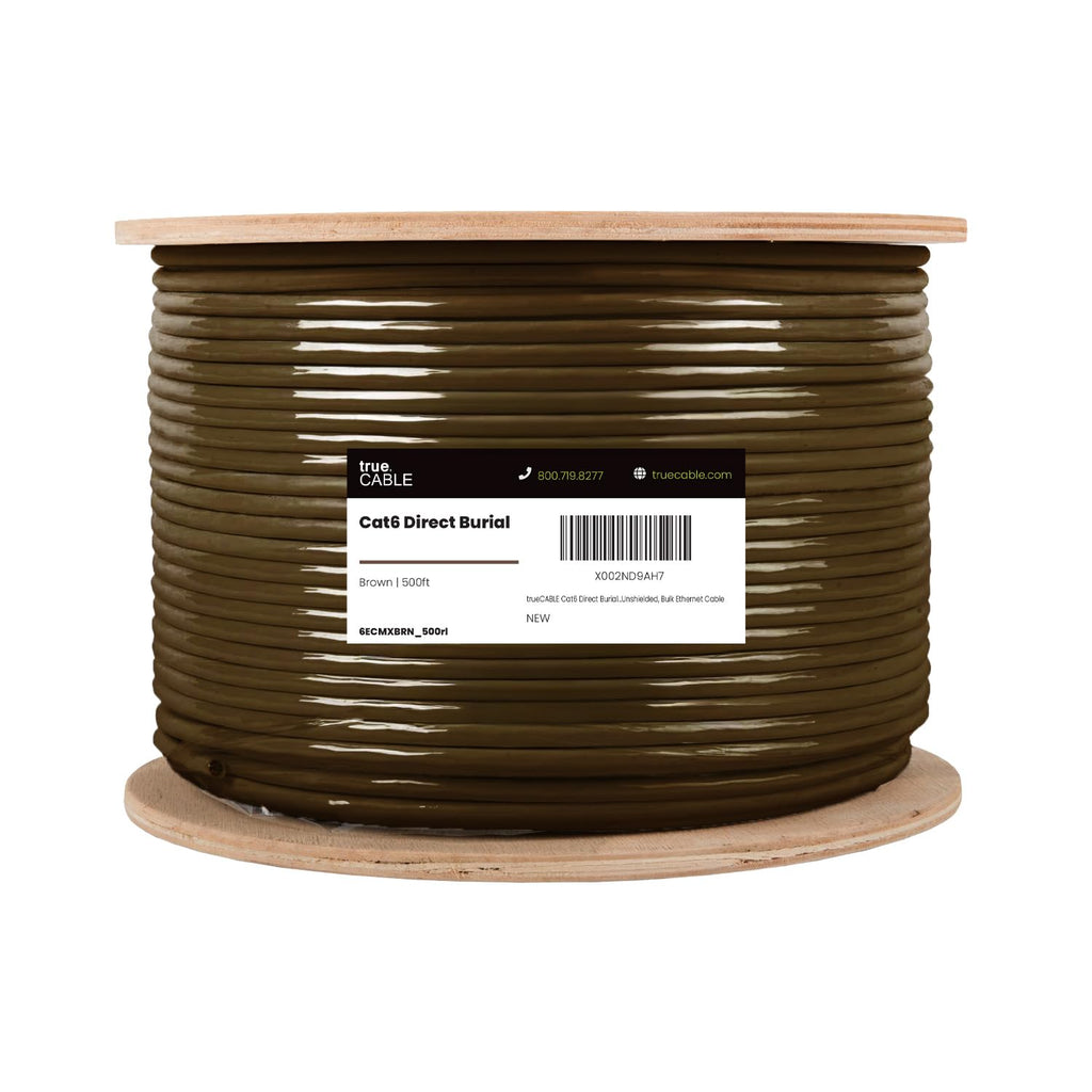 TRUE CABLE Cat6 Direct Burial Outdoor Bulk Ethernet Cable, Shielded F/UTP, 500ft, Brown, 23AWG Solid Bare Copper, Heavy Duty Outdoor, OSP Jacket, Waterproof, UV, 550MHz, PoE++ 100W (4PPoE)