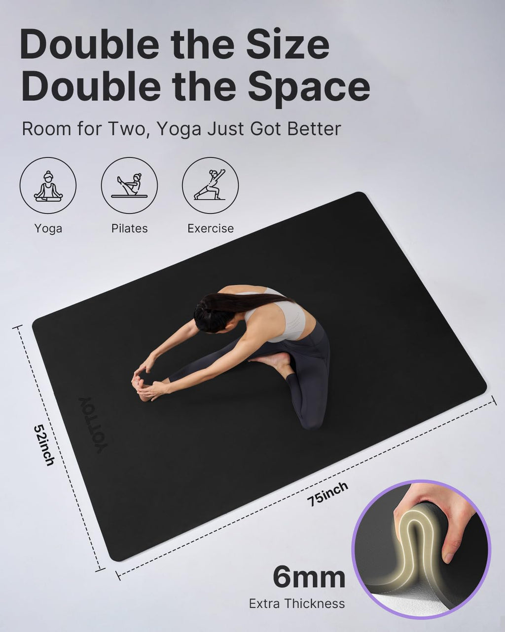YOTTOY Large Yoga Mat (75 * 52 * 1/2inch),Extra Wide TPE Exercise Mat,Non-Slip Workout Mat for Pilates, Fitness, Barefoot, Home Gym Studio with Strap and Towel