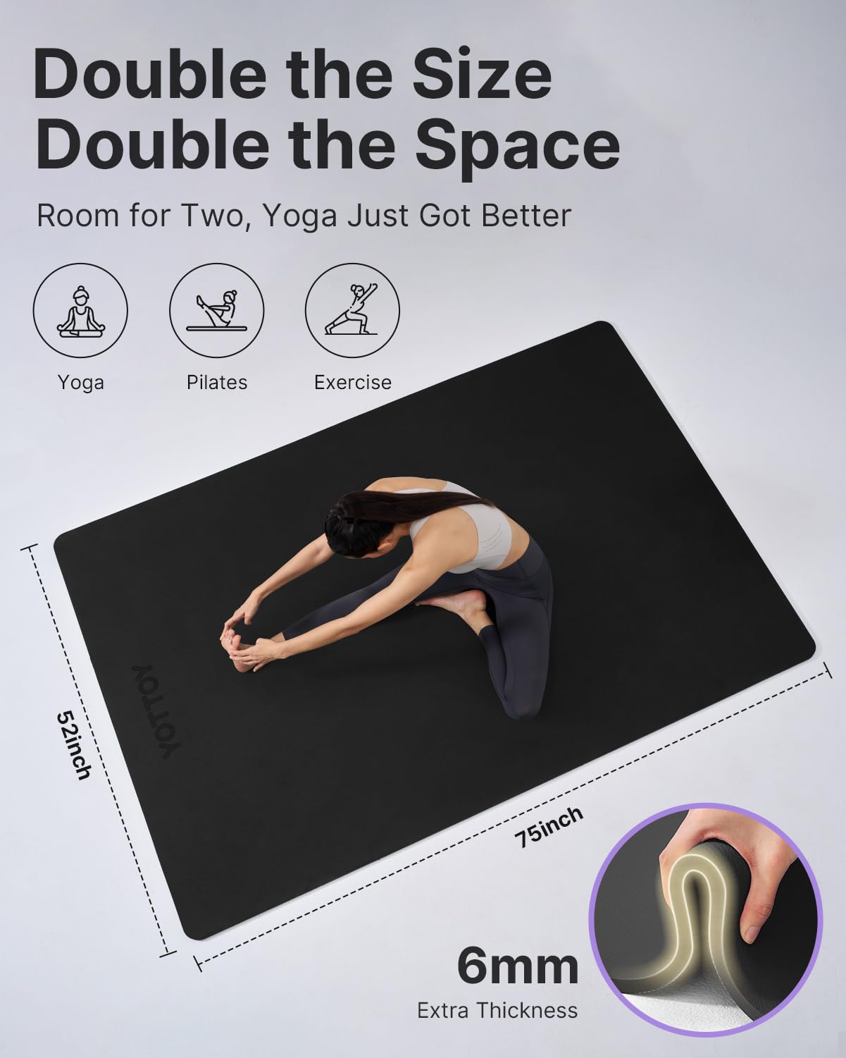 YOTTOY Large Yoga Mat (75 * 52 * 1/2inch),Extra Wide TPE Exercise Mat,Non-Slip Workout Mat for Pilates, Fitness, Barefoot, Home Gym Studio with Strap and Towel
