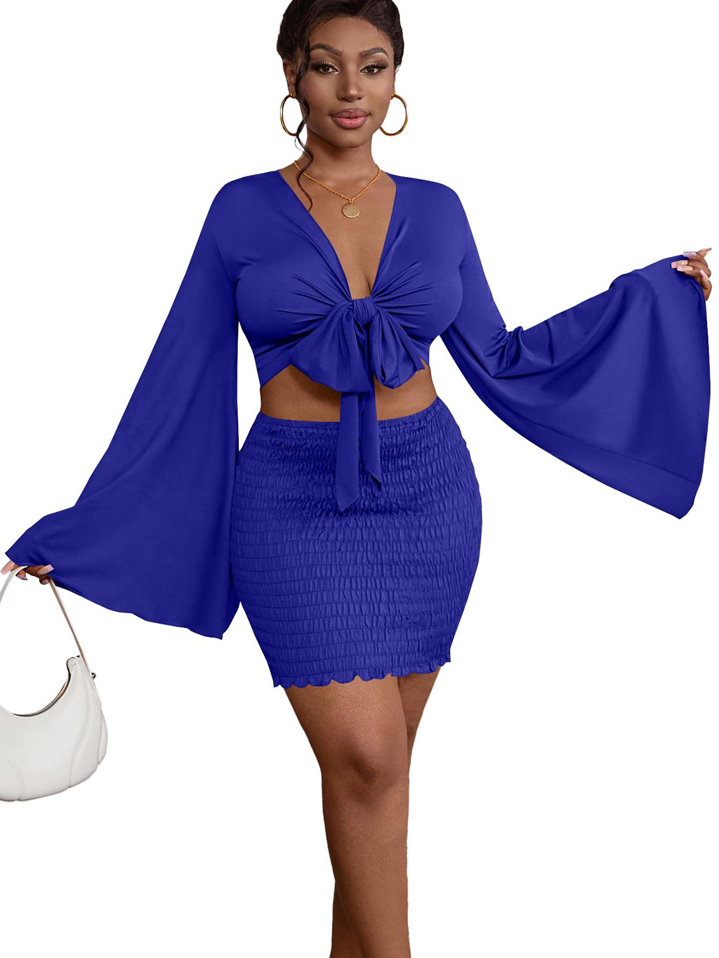 LYANER Women 2 Piece Vacation Outfits Tie Knot Front Bell Long Sleeve Crop Top and Mini Skirt Summer Set