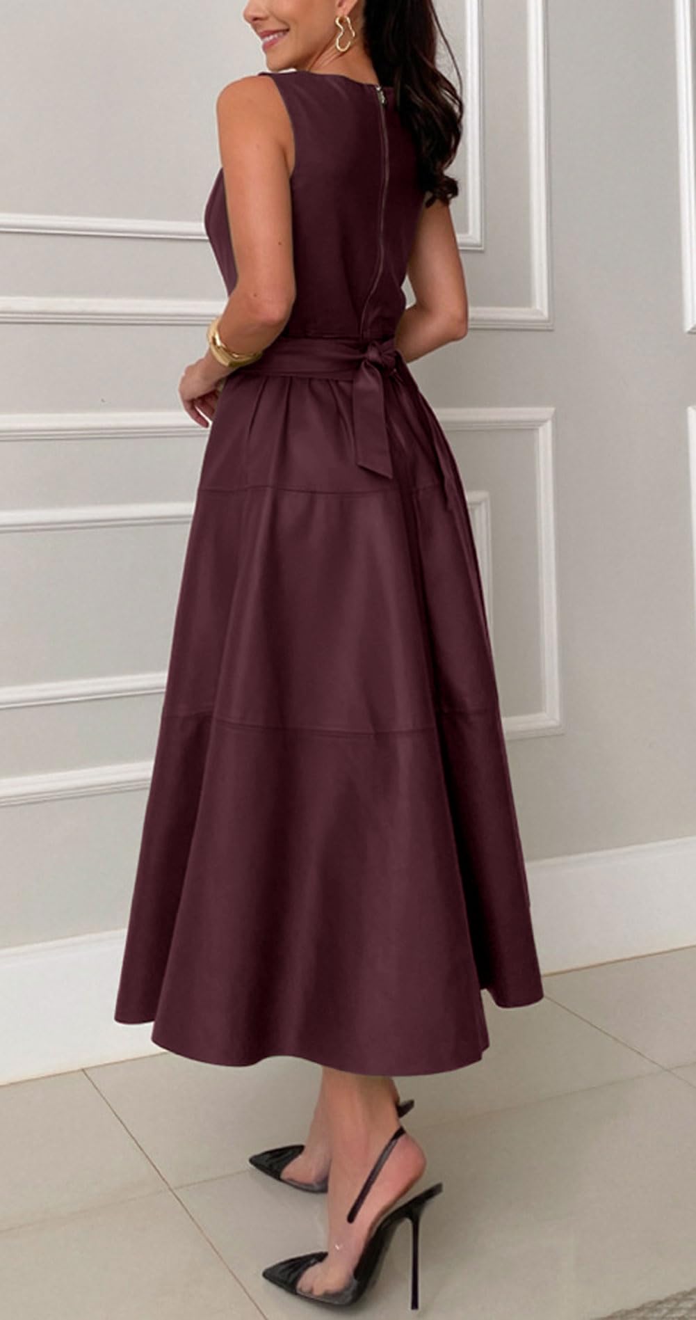 CHARTOU Women PU Faux Leather Sleeveless Elegant Flowy Long Dress Party Night Out Dress with Belt