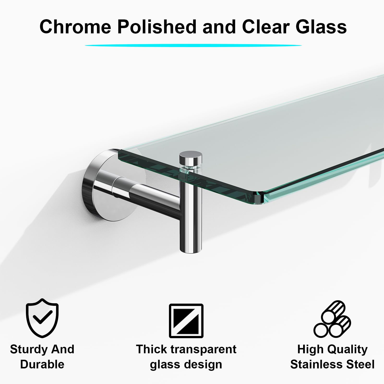 Glass Bathroom Shelves,Brushed Gold Floating Shelves for Wall Rectangular Modern Stainless Steel Glass Shelf for Bathroom Shelves wall Mounted 16 Inch
