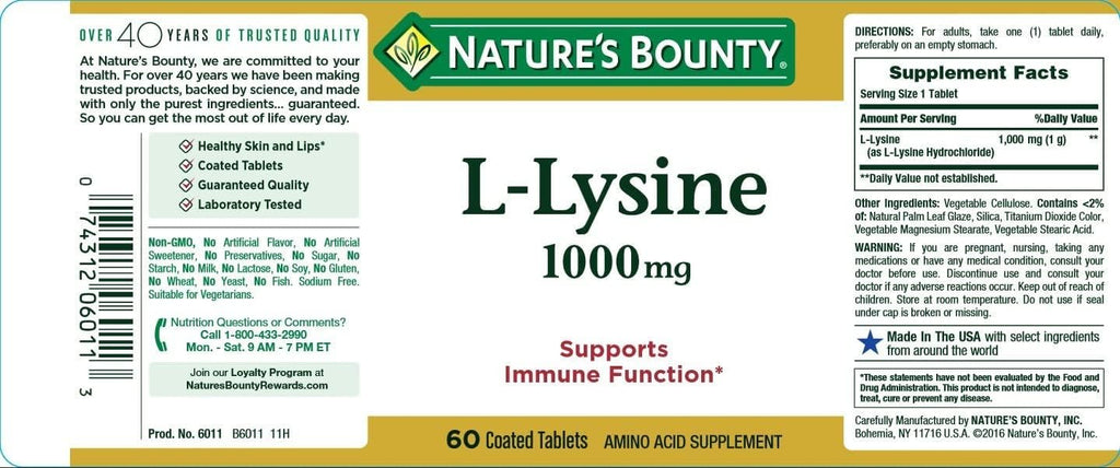 Nature's Bounty L-Lysine, 1000mg, 60 Tablets