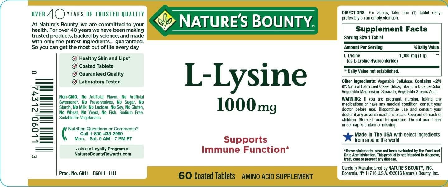 Nature's Bounty L-Lysine, 1000mg, 60 Tablets