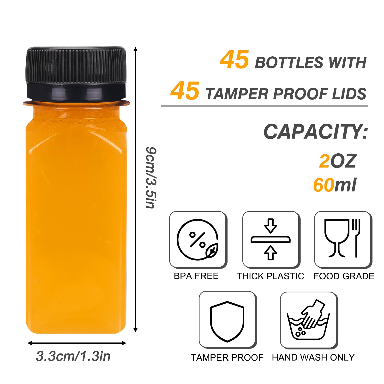 TOMNK 45pcs 2oz Plastic Shot Juice Bottles with Caps, Ginger Shot Bottles, Reusable Clear Bulk Beverage Containers for Ginger Shot, Juice, Milk, and Other Beverages