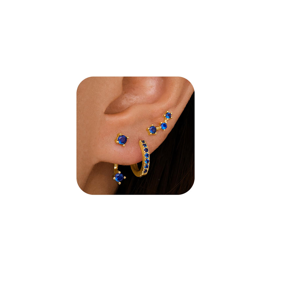 3 Pairs Dainty Small Earrings Set for Women Trendy, Birthstone Stud Huggie Hoop Jacket Stack for Cartilage Helix, Gold Plated Hypoallergenic Cute Women Fashion Accessories Western Jewelry Gifts