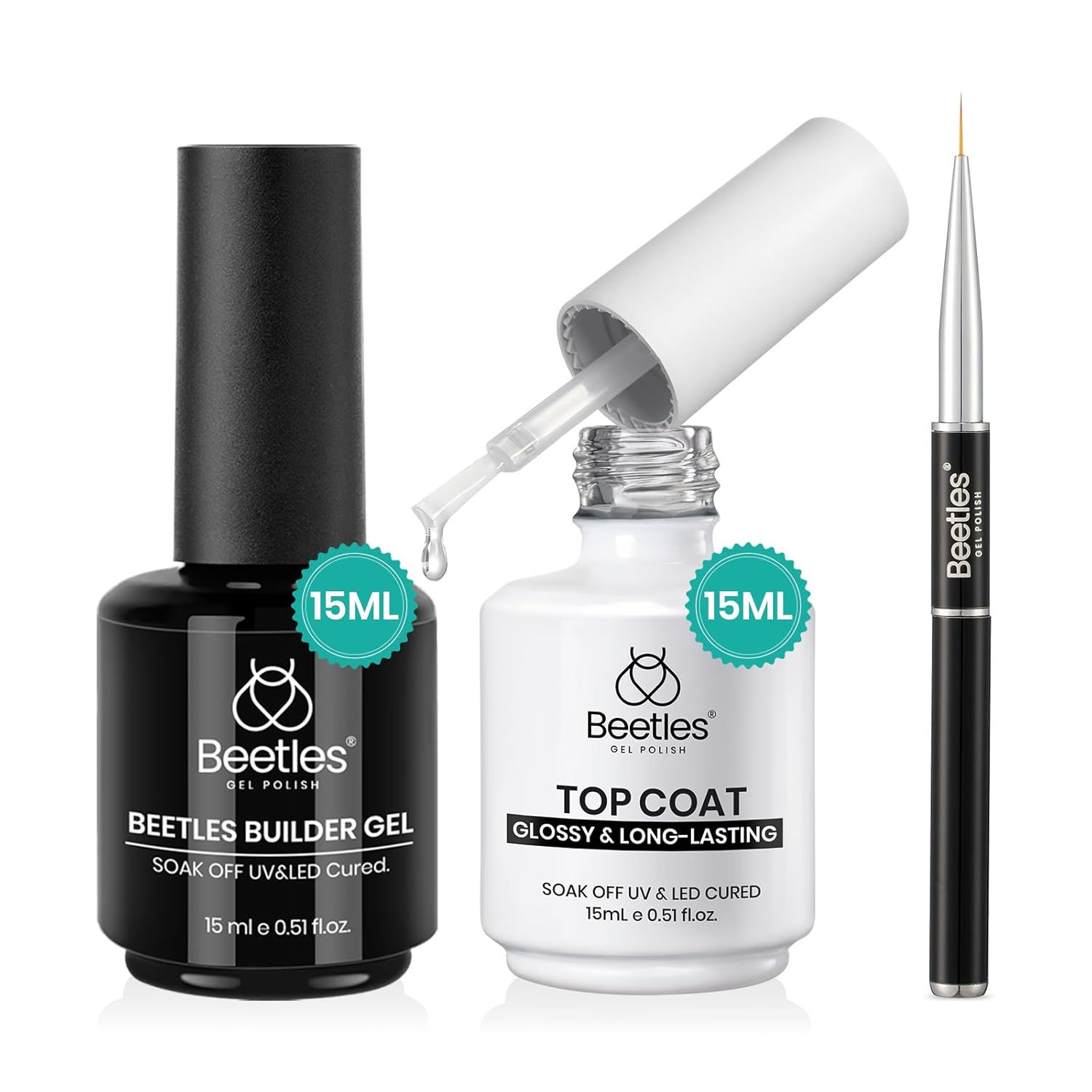 Beetles 2Pcs 15ml Gel Base and Top Coat Set - Upgrade No Wipe Extra Glossy Top Coat Finish for Gel Nail Polish, Soak Off UV/LED Lamp Needed, Essentials for Long-Lasting Manicure Kit