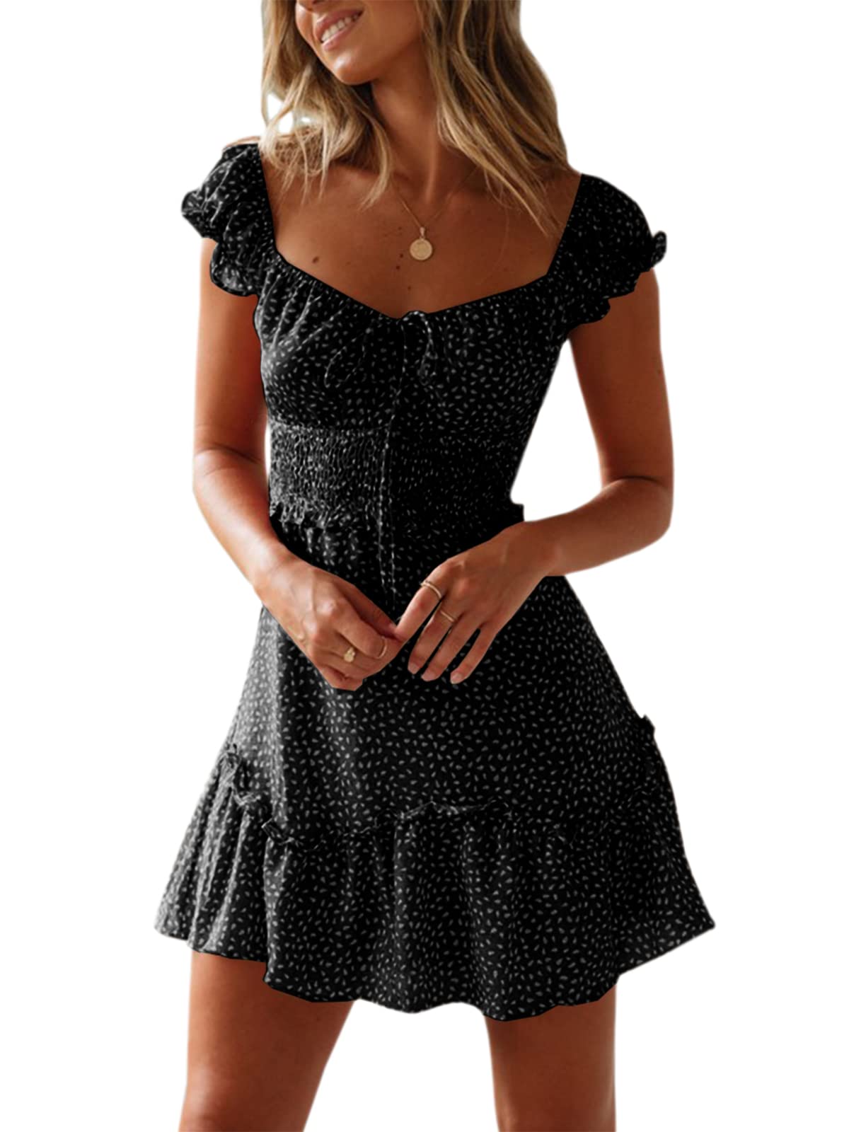 YOBECHO Womens Summer Ruffle Sleeve Sweetheart Neckline Printing Dress Mini Dresses