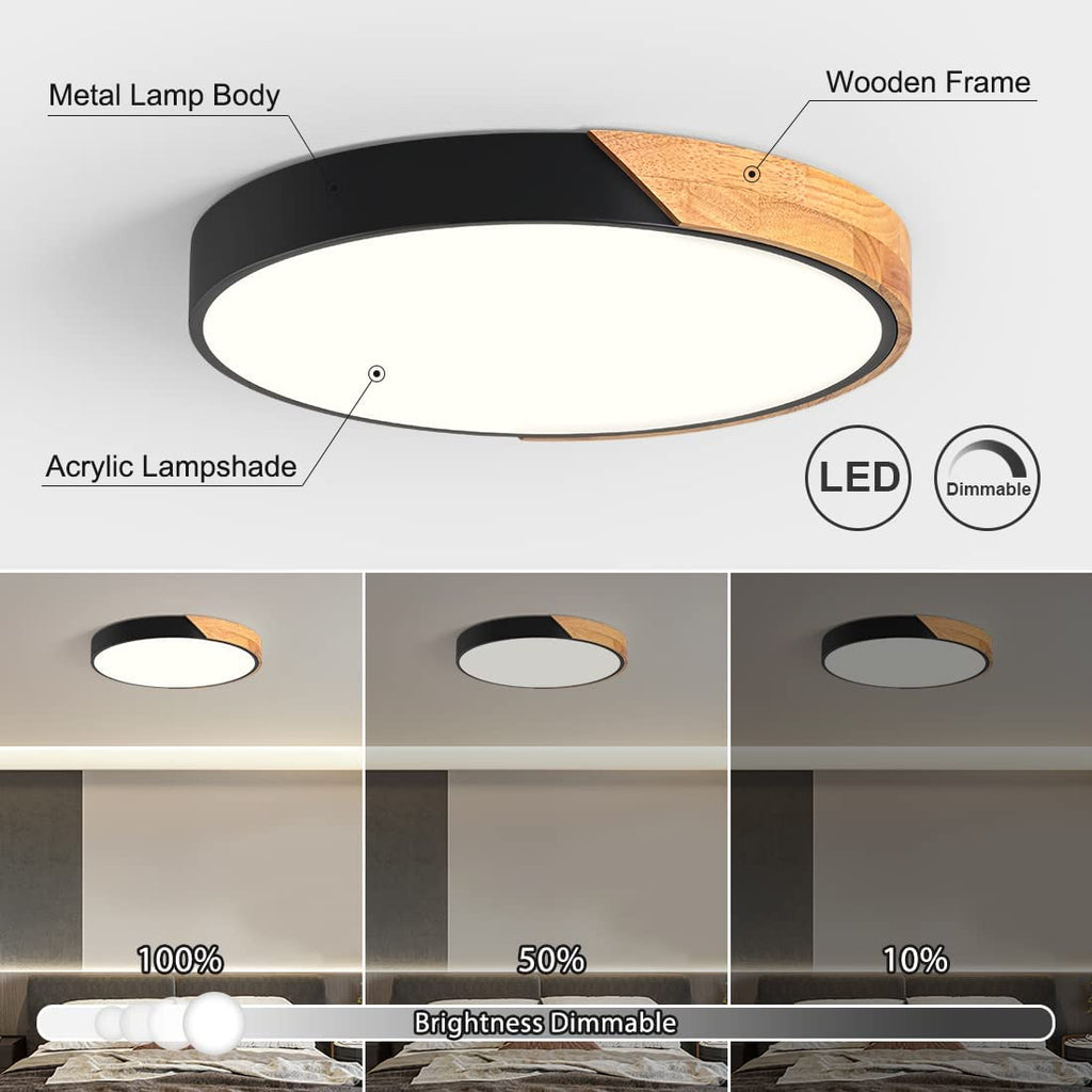 Modern LED Ceiling Light, Minimalist Wood Dimmable Flush Mount Ceiling Light Fixture, Round 5CCT Lighting Lamp with Acrylic Lampshade for Bedroom Hallway Kitchen Laundry, Black 11.8"