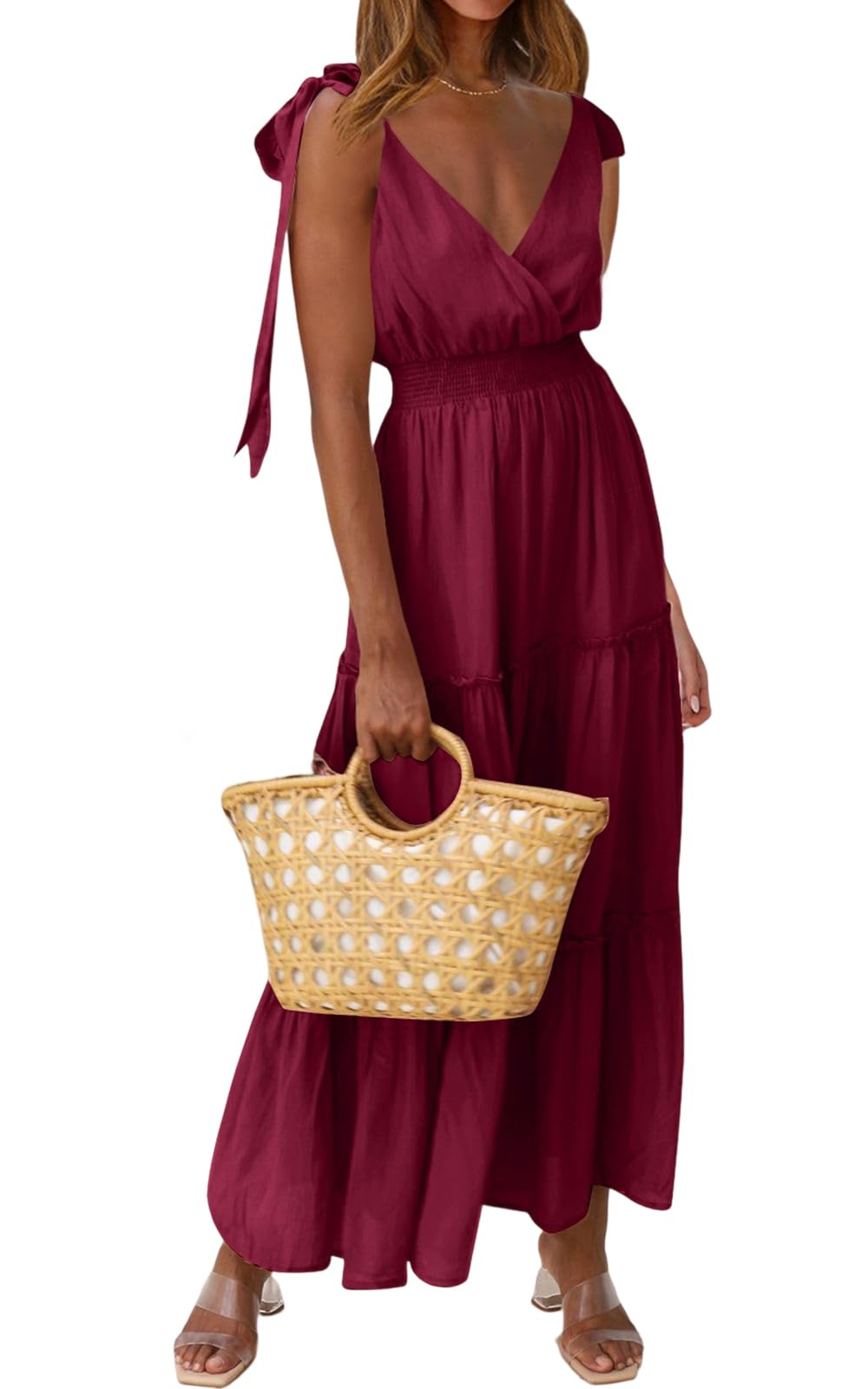 PRETTYGARDEN Women's Cross Neck Summer Sleeveless Tiered Maxi Dress Beach Tie Strap Smocked Long Dresses Pleated Sundress