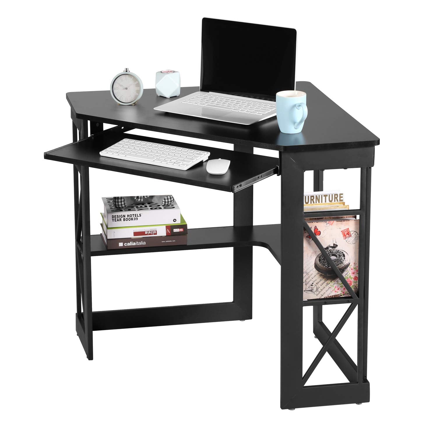 VECELO Corner Desk Computer Desk Writing Table with Smooth Keyboard Tray & Storage Shelves,Compact Home Office Triangle Table,Antique Brown