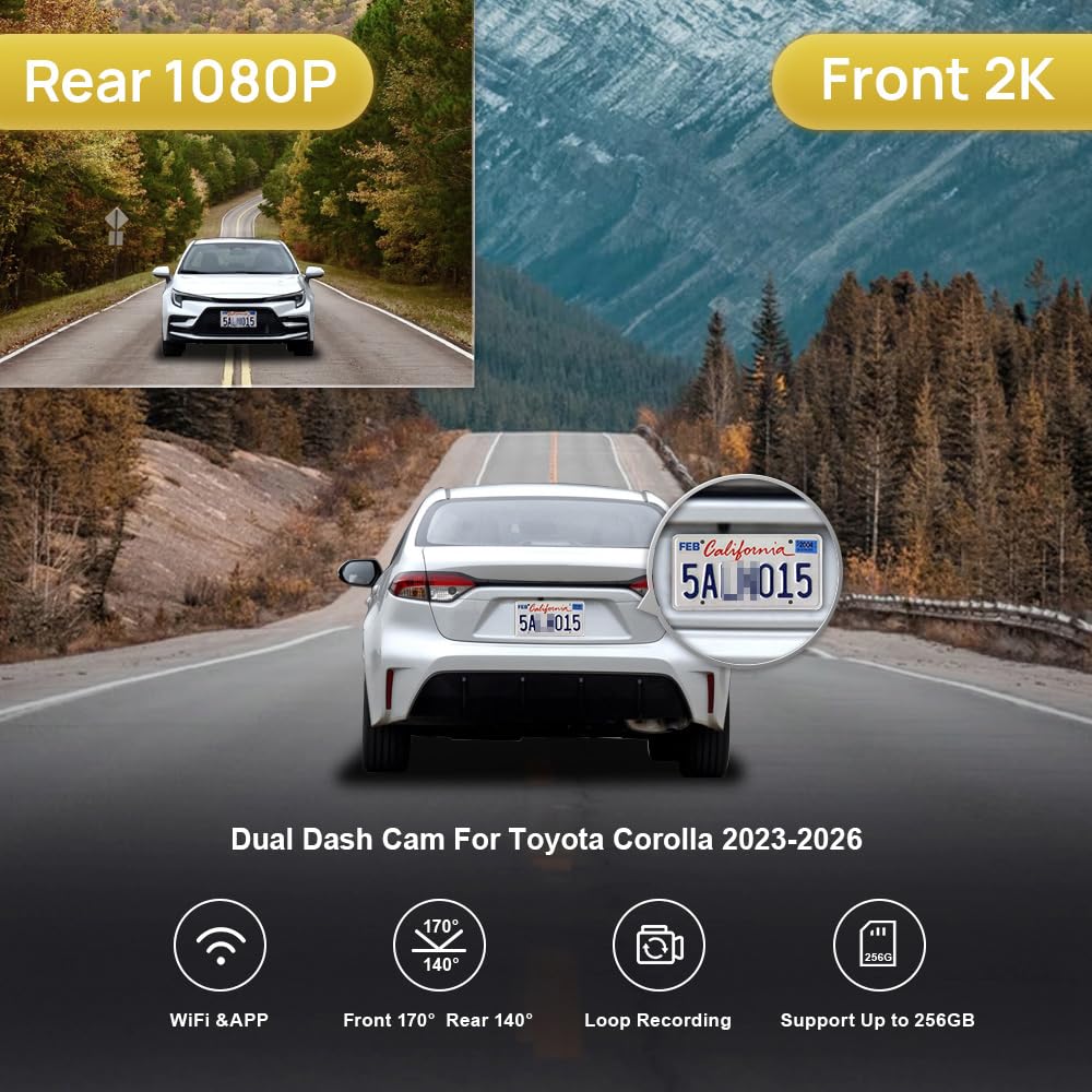 Fitcamx Front 2K+Rear 1080P Dash Cam Adapts for Toyota Corolla 2023-2026 Sedan Hybrid Hatchback, OEM Style, Dual HD Video, Built-in WiFi & APP, Loop Recording, G-Sensor, Easy to Set, 64GB Card