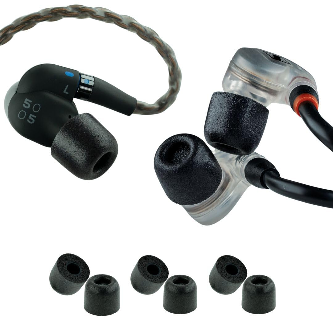 Comply 500 Core Series | Memory Foam Replacement IEM Ear Tips for KZ, Moondrop, FiiO Sennheiser & More | Superior Noise Isolation, Ultimate Comfort, Secure Fit | Round, Black (S/M/L) (3 Pairs)