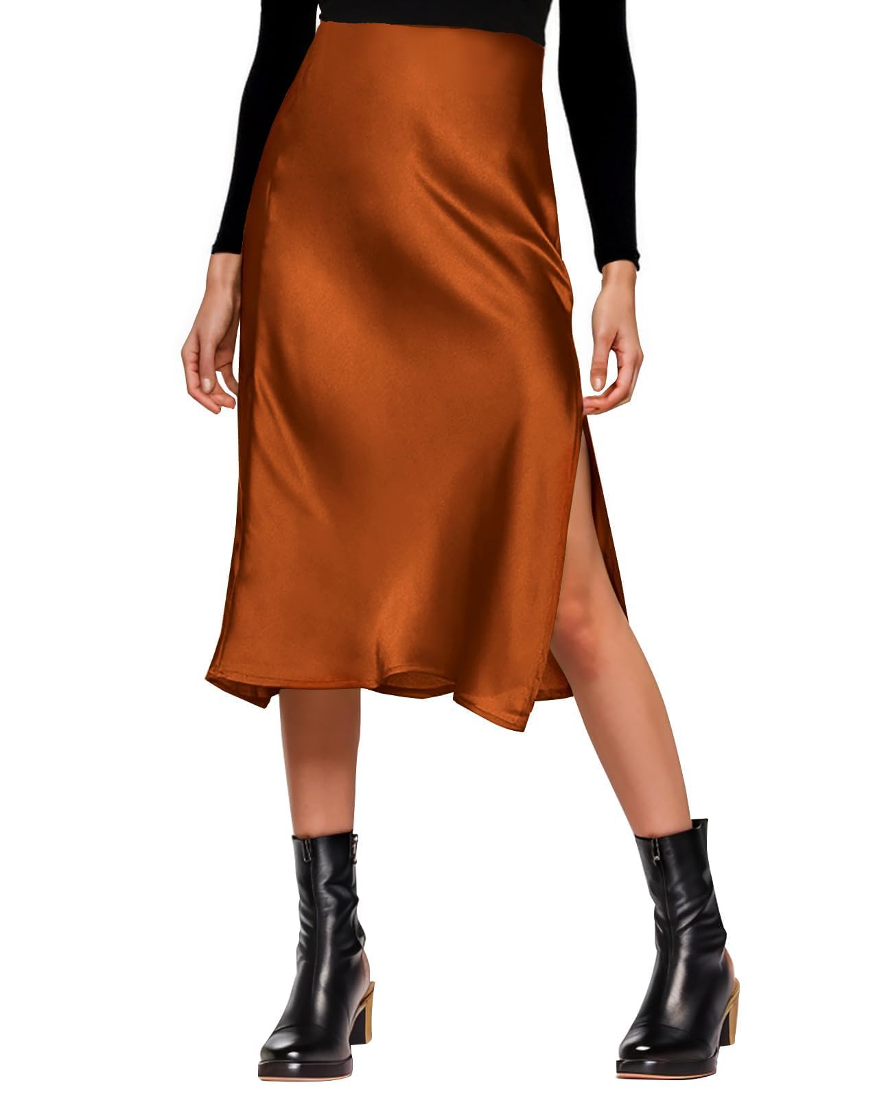 Amy Babe Womens Satin Silk High Waist Slit Midi Skirt Elastic Waistband Midi Skirts for Women