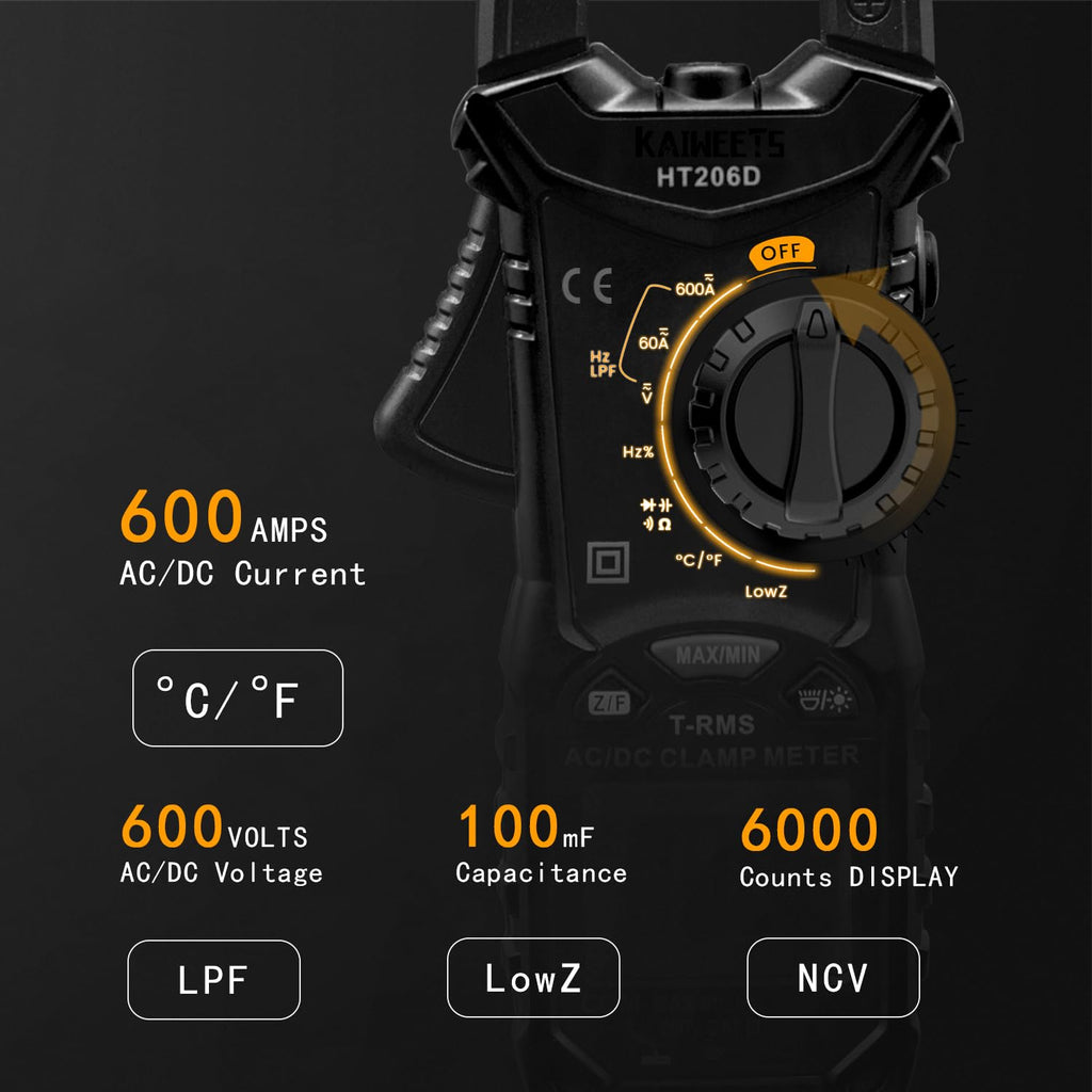 KAIWEETS Digital Clamp Meter Multimeter with D-Shaped Jaw for AC/DC Current & Voltage, Auto-ranging 4000 Counts Voltage Tester with Flashlight Backlight, Measuring Temperature Continuity Diode NCV