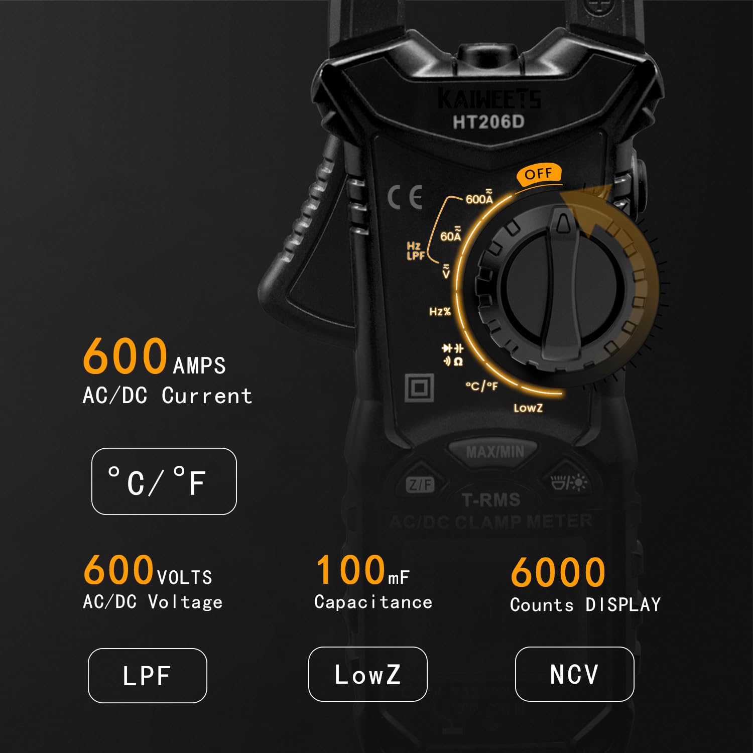 KAIWEETS Digital Clamp Meter Multimeter with D-Shaped Jaw for AC/DC Current & Voltage, Auto-ranging 4000 Counts Voltage Tester with Flashlight Backlight, Measuring Temperature Continuity Diode NCV