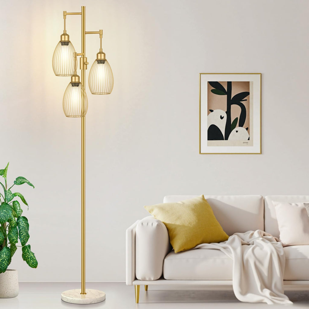 Dimmable Floor Lamp, 3 x 800LM LED Edison Bulbs Included, Farmhouse Industrial Floor Lamp Standing Tree Lamp with Elegant Teardrop Cage Tall Lamps for Living Room Bedroom Office Dining Room-Brass