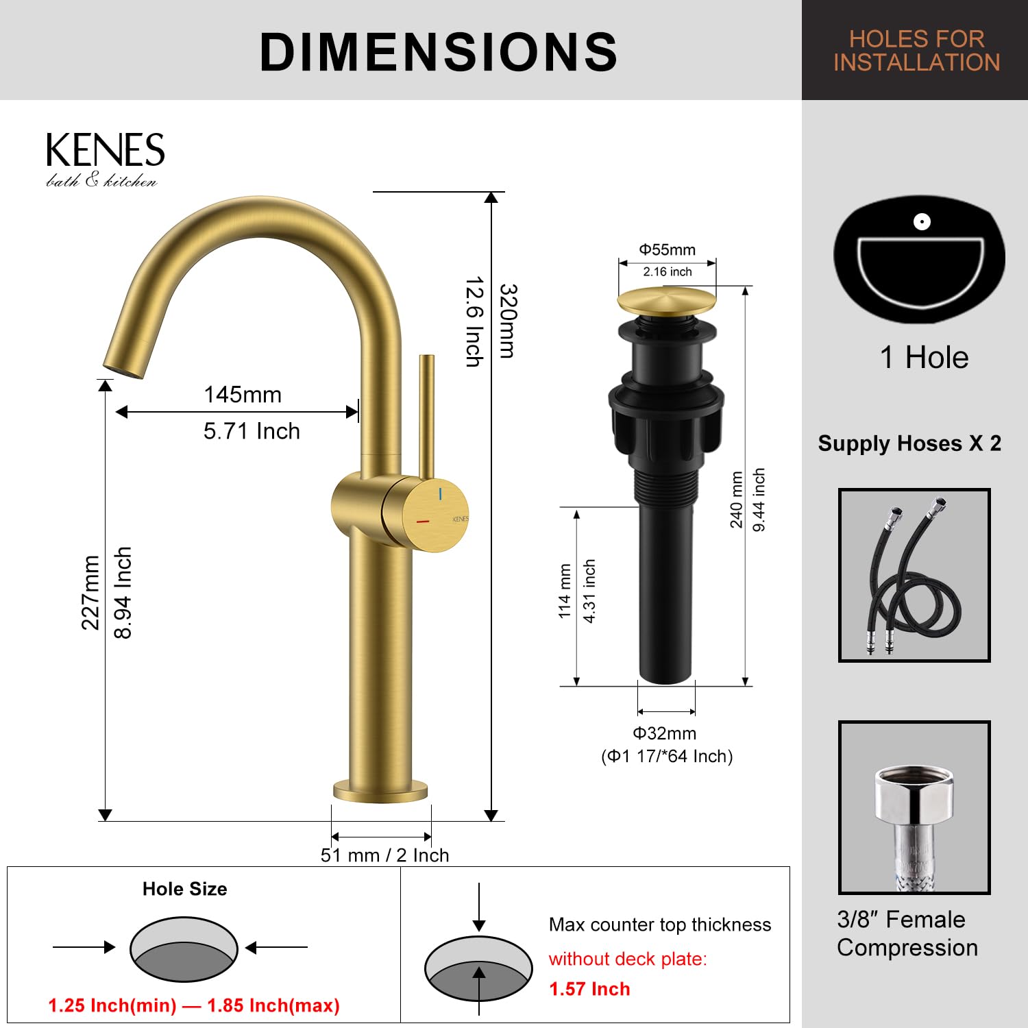 KENES Black and Gold Single Handle Bathroom Sink Faucet, Modern Prep Wet Bar Sink Faucet with Drain Assembly & Deck Plate, Vanity Faucets for Farmhouse RV Camper Utility, KE-9005B-BG