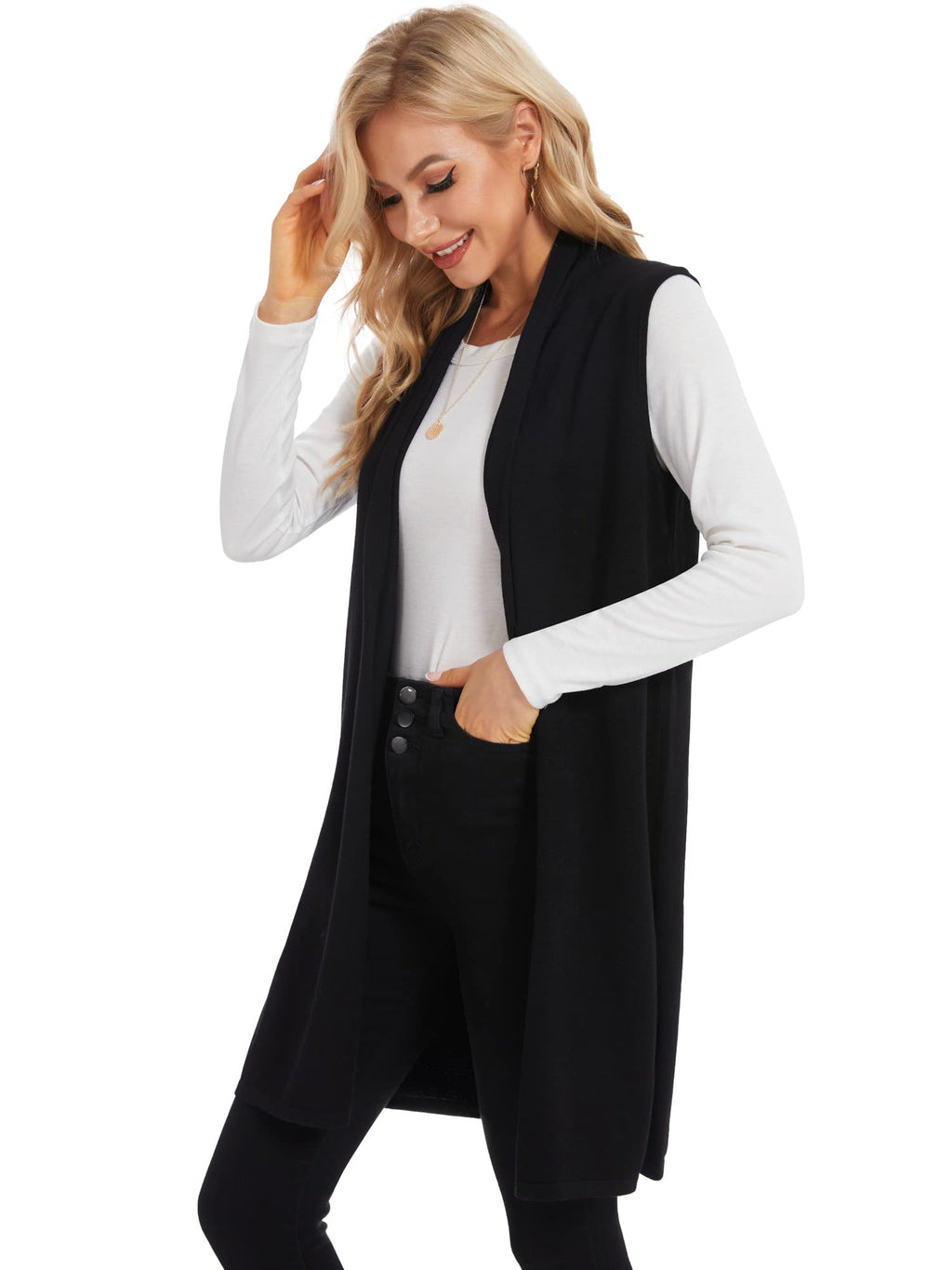 Moss Rose Women's Long Knit Cardigan Vest Casual Sleeveless Open Front Draped Duster Vest (Available in Plus Size)
