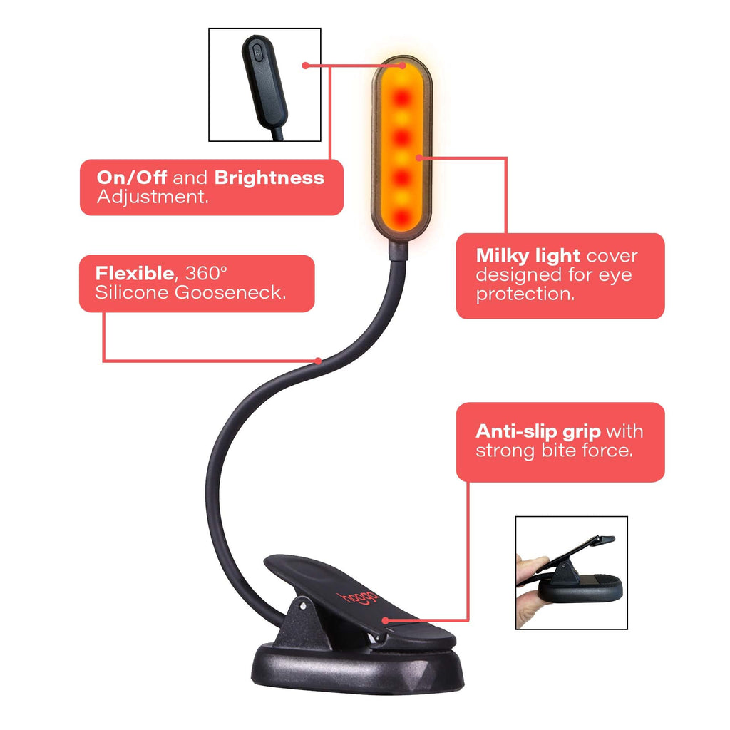 hooga Red Book Light, Rechargeable Clip On 625nm LED Light for Reading in Bed. No Blue Light Emitted, Eye Care Light for Strain-Free, Healthy Eyes. Gift for Students, Kids, Travel, Nursing, Studying.