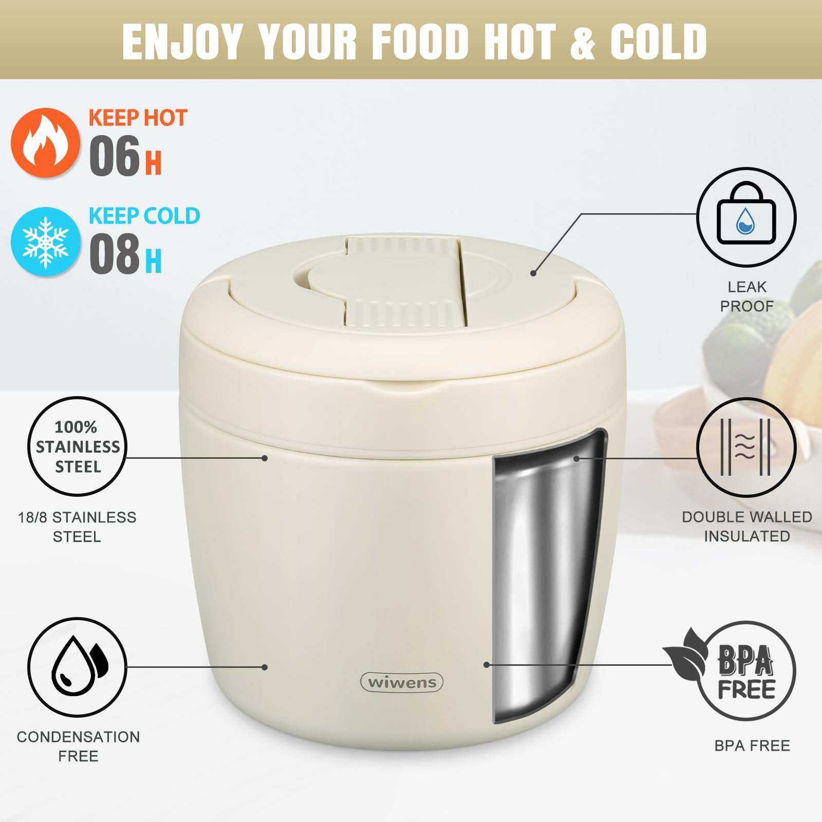 wiwens Thermo Food Jar for Hot Food Adults 32OZ Soup Thermo Lunch Containers Wide Mouth Vacuum Insulated Stainless Steel Leakproof Bento Box with Spoon (Beige)