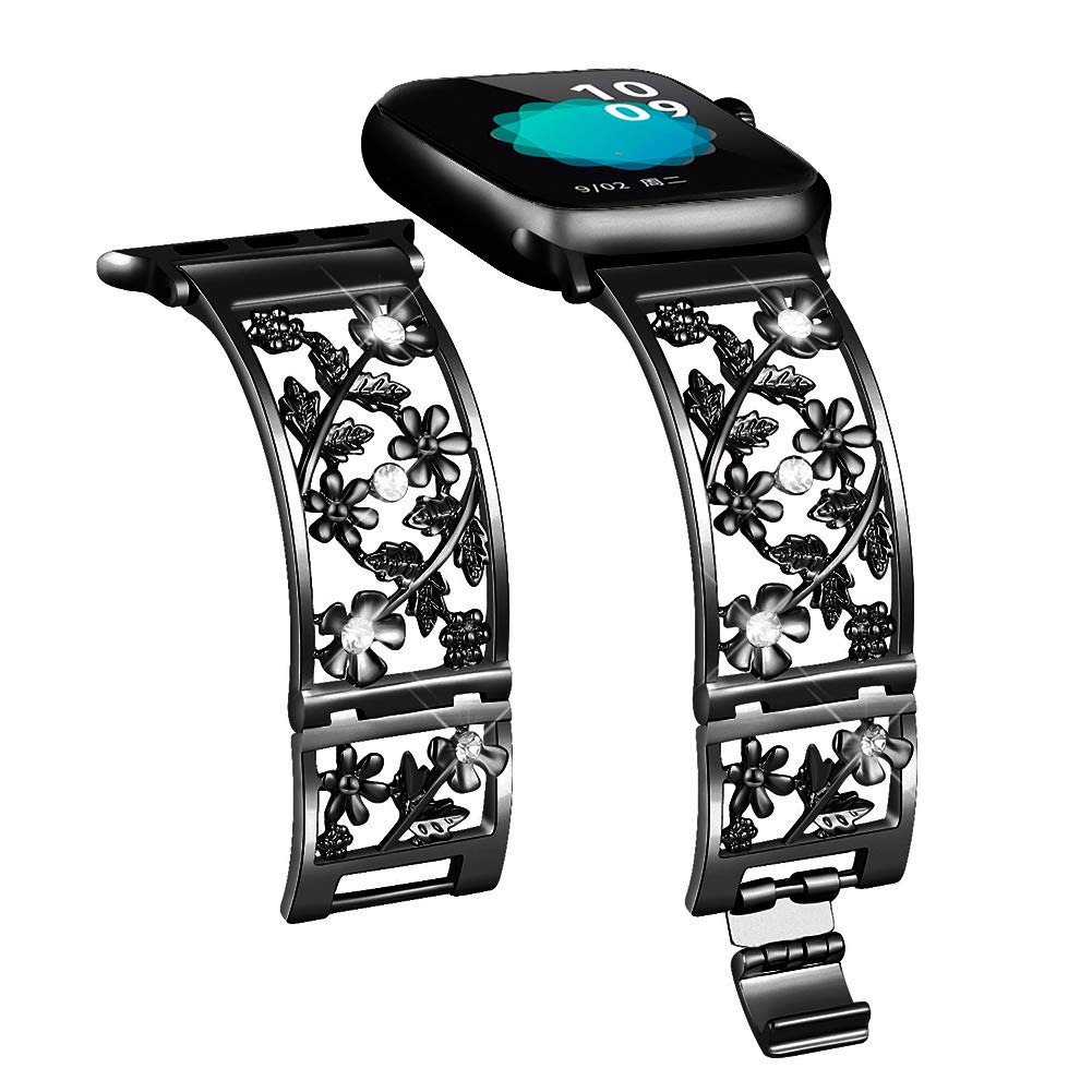 Floral Band Compatible with Apple Watch Jewelry Band 38mm 40mm 41mm 42mm iWatch Bands Series 11 10 9 8 7 6,Bling Crystal Bracelet Hollow Metal Strap,Fashion Women Wristband(38/40/41/42mm,Black)