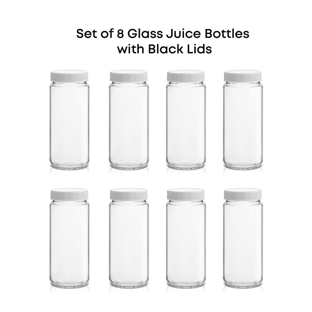JoyJolt Glass Juice Bottles, 16 oz Glass Bottles with Caps. Set of 8 Juice Containers with Lids for Fridge, and Labels for Juice Jars. Glasses for Juice, Cold Brew Bottles, Smoothie Jars
