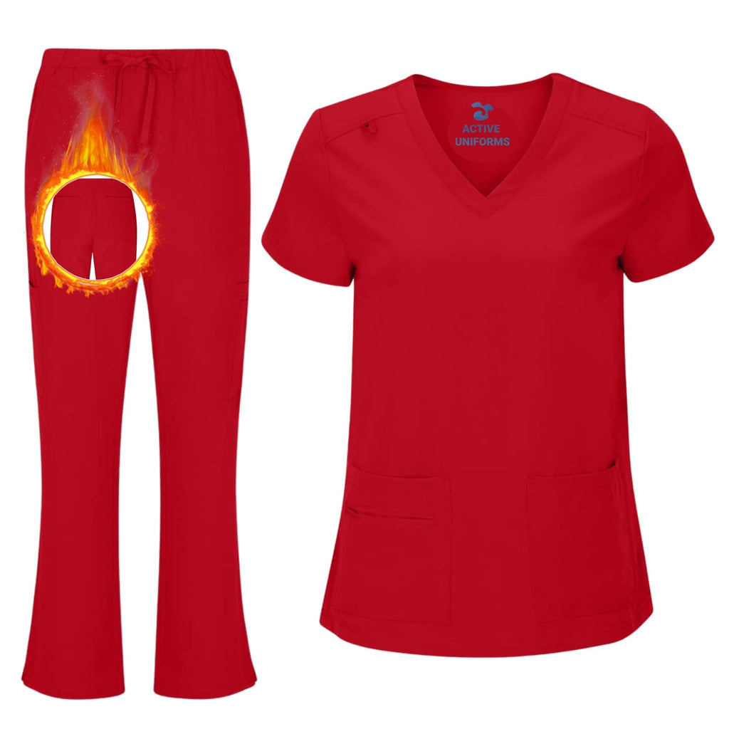 Women's Cool Stretch V-Neck Top and Cargo Pant Scrub Set with Regular and Petite Sizes