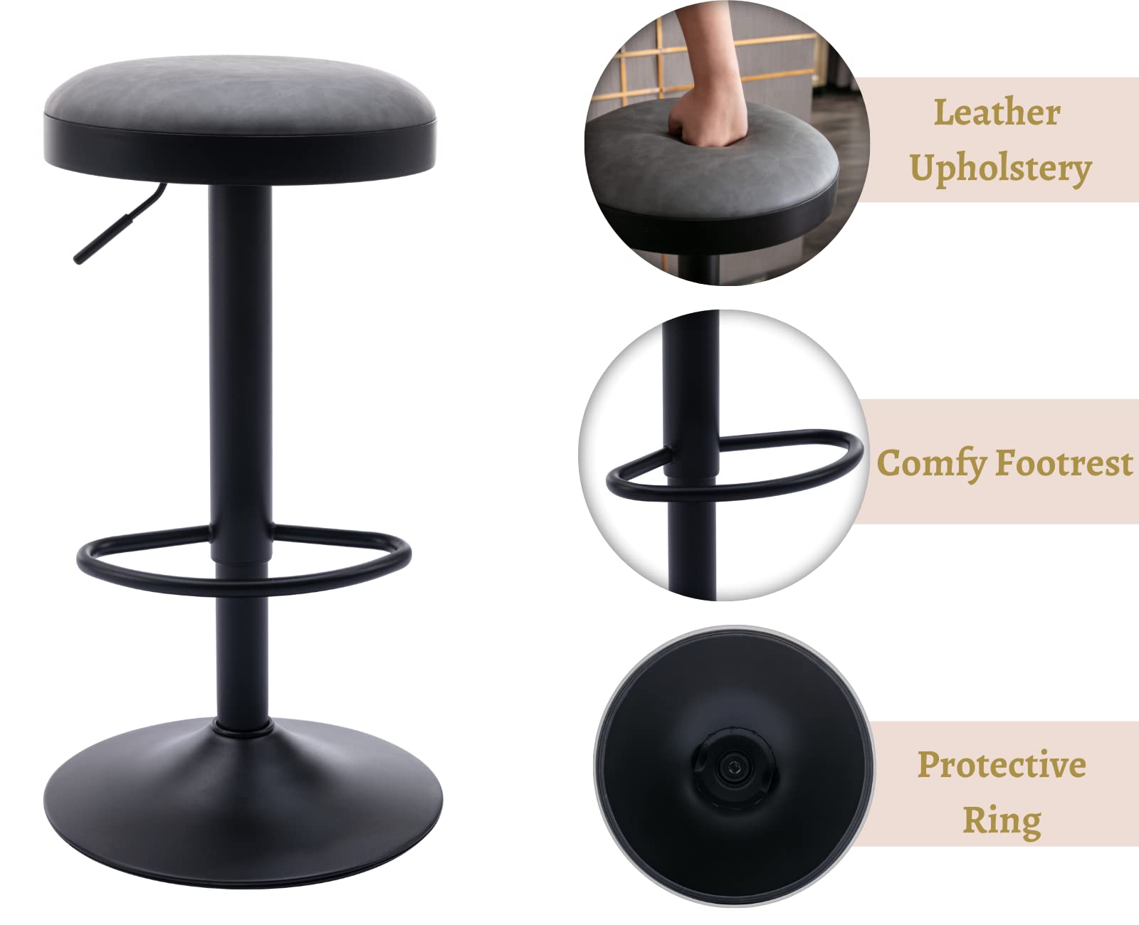 EALSON Modern Swivel Bar Stool Adjustable Counter Height Backless Barstools with Metal Base Leather Upholstered Round Bar Stool Chairs for Kitchen Island/Pub/Breakfast Bar, Beige 1PC