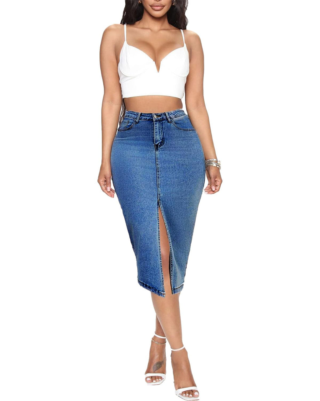 Jean Skirt for Women Denim Skirt High Waist Stretch Midi Denim Skirts with Pockets