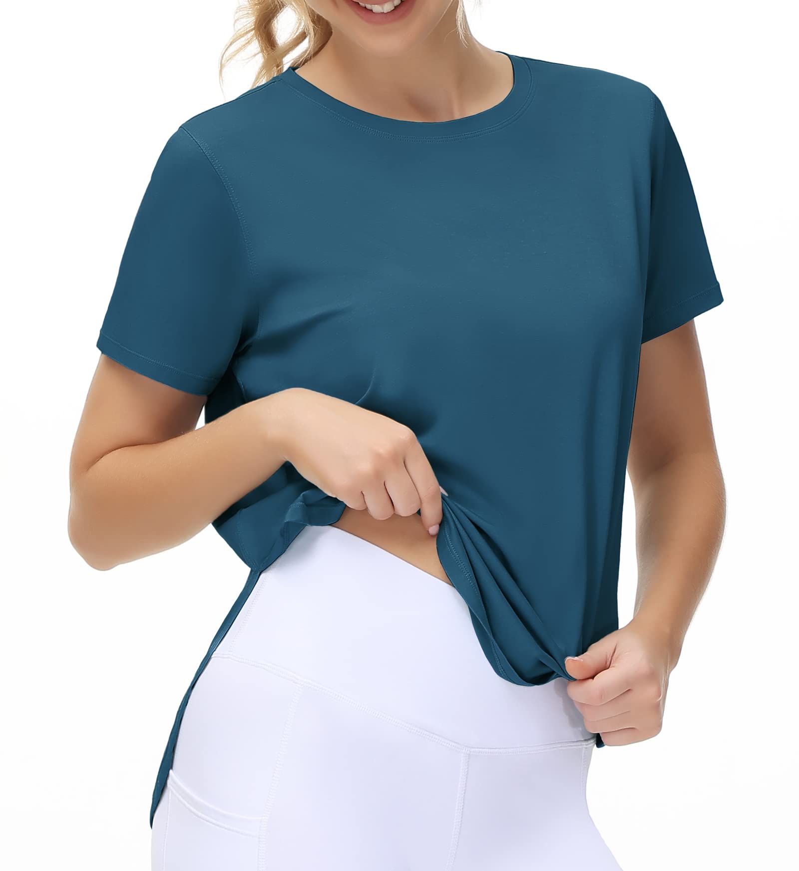 THE GYM PEOPLE Women's Workout T-Shirts Loose Fit Short Sleeve Cotton Running Basic Tee Tops with Split Hem