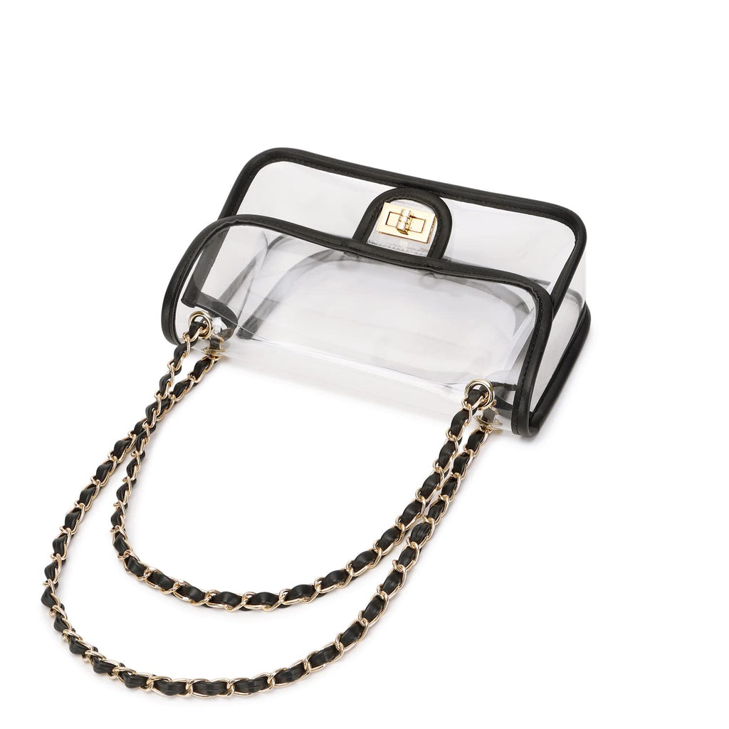 Womens PVC Clear Purse Handbag with Chain Stadium Approved Clear Bag See Through Bag for Working and Concert