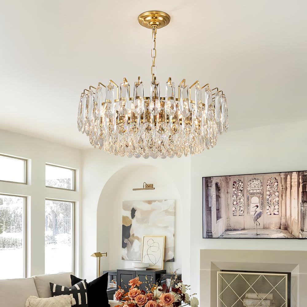 23.6" Modern Crystal Chandelier with Grey Crystal Gold 3-Tier Luxury Pendant Light 12-Light Ceiling Pendant Lighting for Dinning Room Living Room Foyer