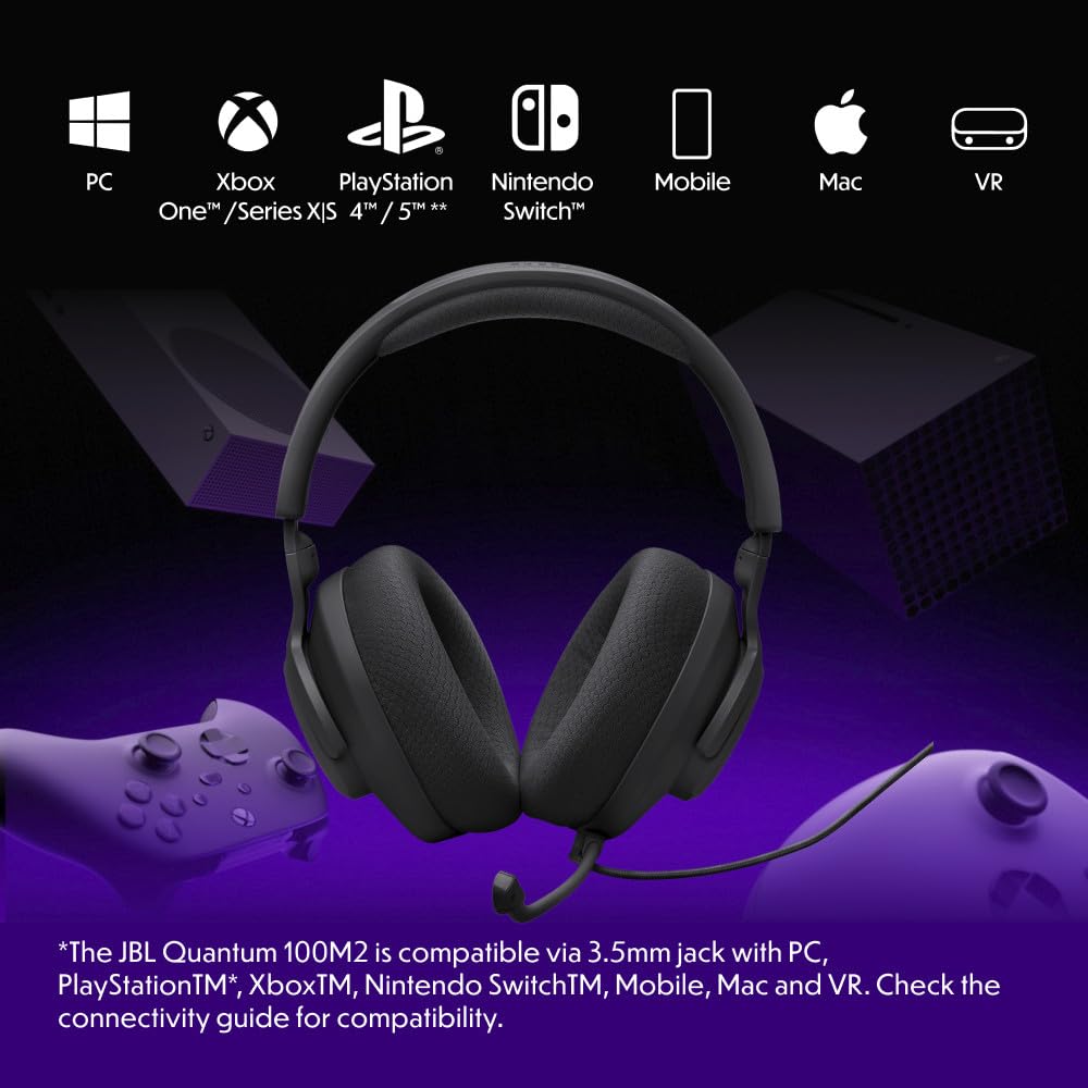 JBL Quantum 100M2 - Wired Over-Ear Gaming Headset with omnidirectional, Detachable mic with Mute Option and Fabric-Covered Memory Foam Ear Cushions, Compatible with All Platforms (Black)