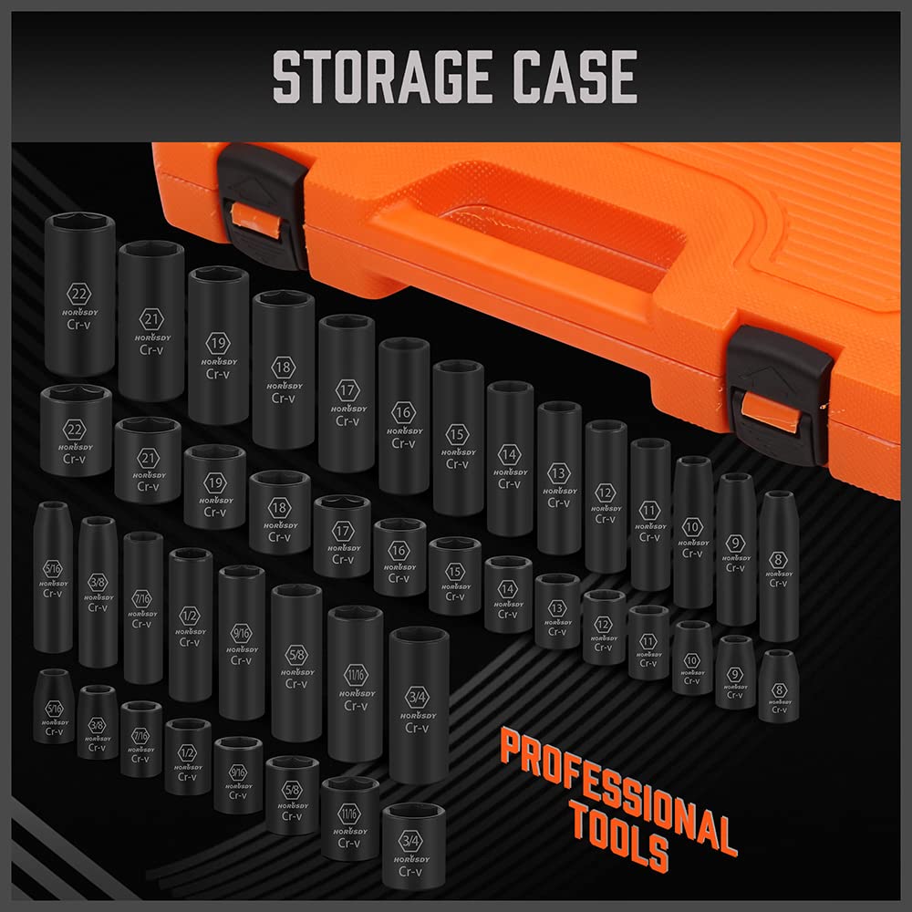 HORUSDY 1/2" Drive Shallow Impact Socket Set, 24-Piece SAE (7/16"-1") and Metric (13-24mm), 6 Point, Cr-V, Includes 1/2-Inch Drive Ratchet Handle, Drive Extension Bar
