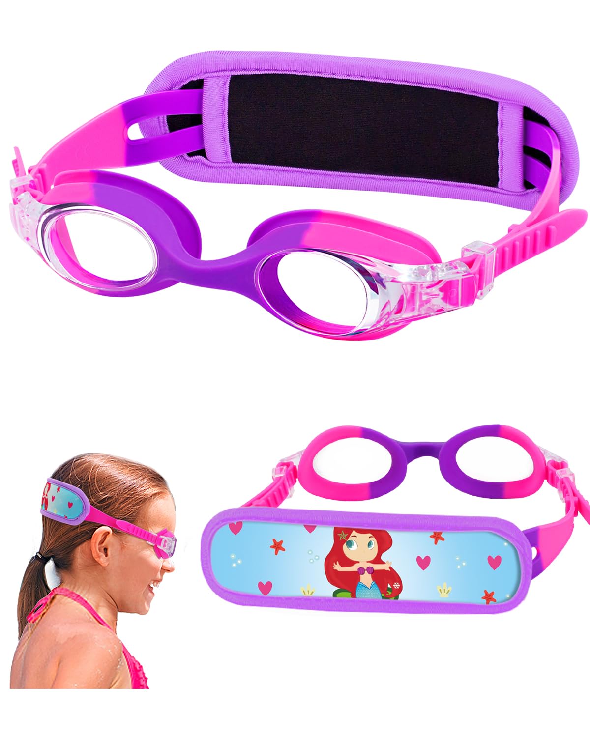 Vvinca Kids Swim Goggles with Fabric Strap No Tangle Pain-Free, Anti-Fog Swimming Pool Goggle No Leak for Toddlers Girls Boys