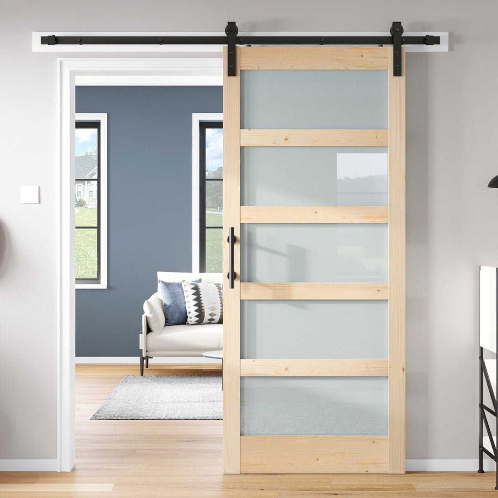 Double 18×84 inch Glass Sliding Barn Door Slab with 6.6ft Hardware Kit Included, 5-Panel Frosted Glass, Spruce Wood Support DIY Dyeing, Easy Assembly