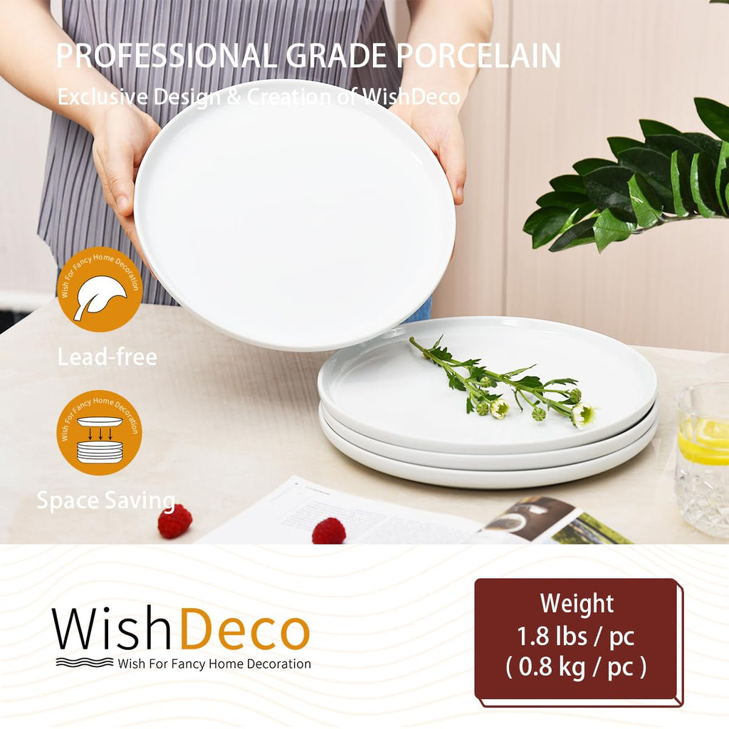 WishDeco White Dinner Plates Set of 4, Ceramic Dining Plates 10.5 inch, Large Salad Plate, Porcelain Kitchen Plate for Pizza, Steak, Microwave and Dishwasher Safe
