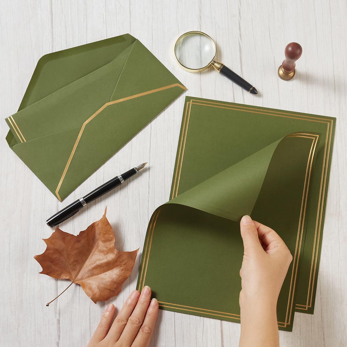 50 Pack Stationery Set with Envelopes, Cream Color, 8.5x11 Inches | Gold Border, #10 Business Envelopes and 8.5x11 Paper Sheets, Stickers for Letter Writing, Invitations