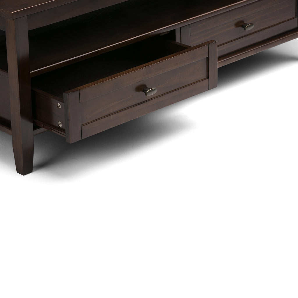 SIMPLIHOME Warm Shaker Coffee Table - 48 inch Wide Solid Wood Coffee Table in Black, Transitional Living Room Table with 2 Drawers, Open Shelf, Shaker Fronts and Tapered Legs