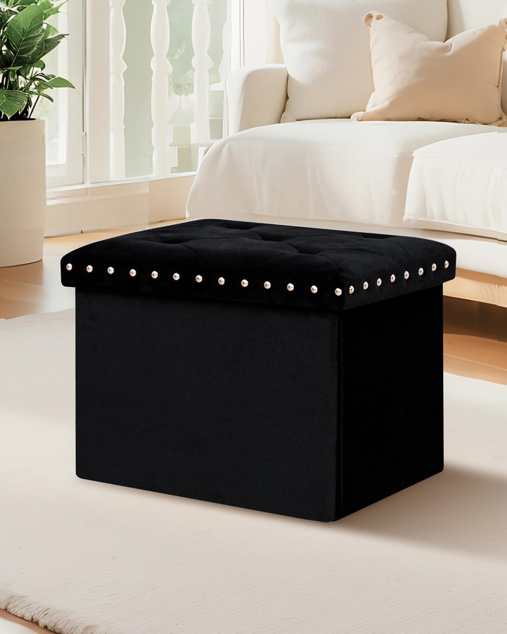 B FSOBEIIALEO Storage-Ottoman Cube-Folding Tufted - Ottomans with Storage, Coffee Table Top Cover, Storage Boxes Footrest Stool for Bedroom, Luxury Velvet Fabric 15.7 Inches Black