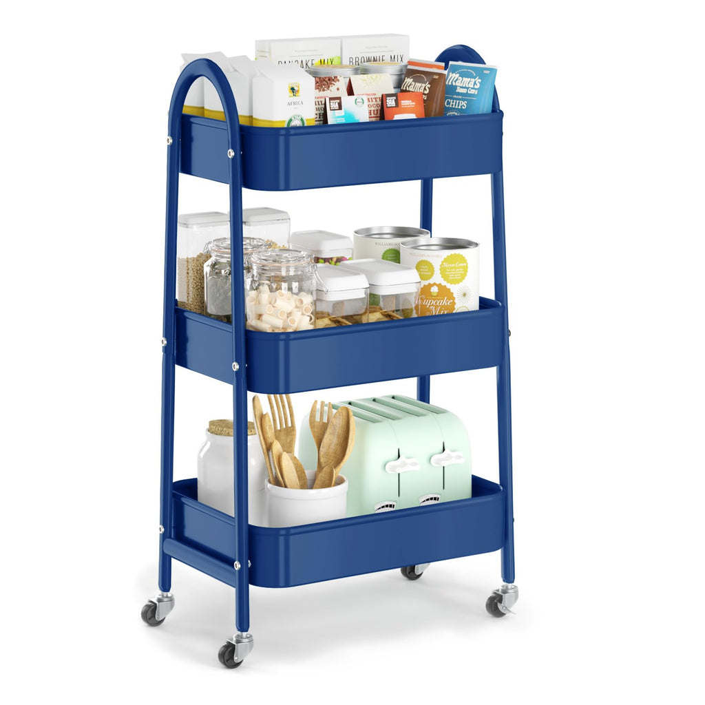 EAGMAK 3 Tier Rolling Cart, Large Metal Storage Cart with Handle and Lockable Wheels, Big Multifunctional Storage Organizer Trolley with Mesh Baskets for Kitchen, Living Room, Office, Garage (Beige)