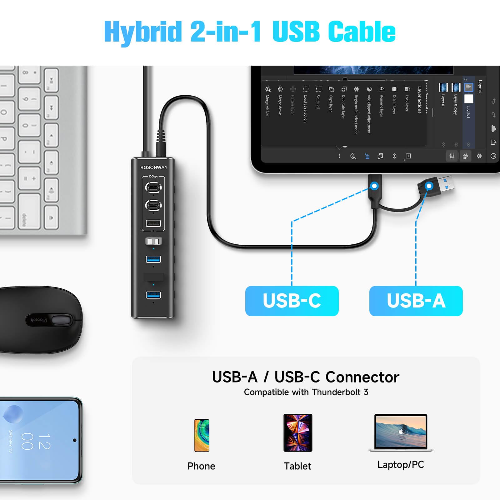 USB Hub 3.0 Powered Rosonway Aluminum 7 Ports USB 3.0 Data Hub Splitter with 24W (12V/2A) Power Adapter and Individual On/Off Switches USB Port Expander for PC and Laptop (RSH-A37S)
