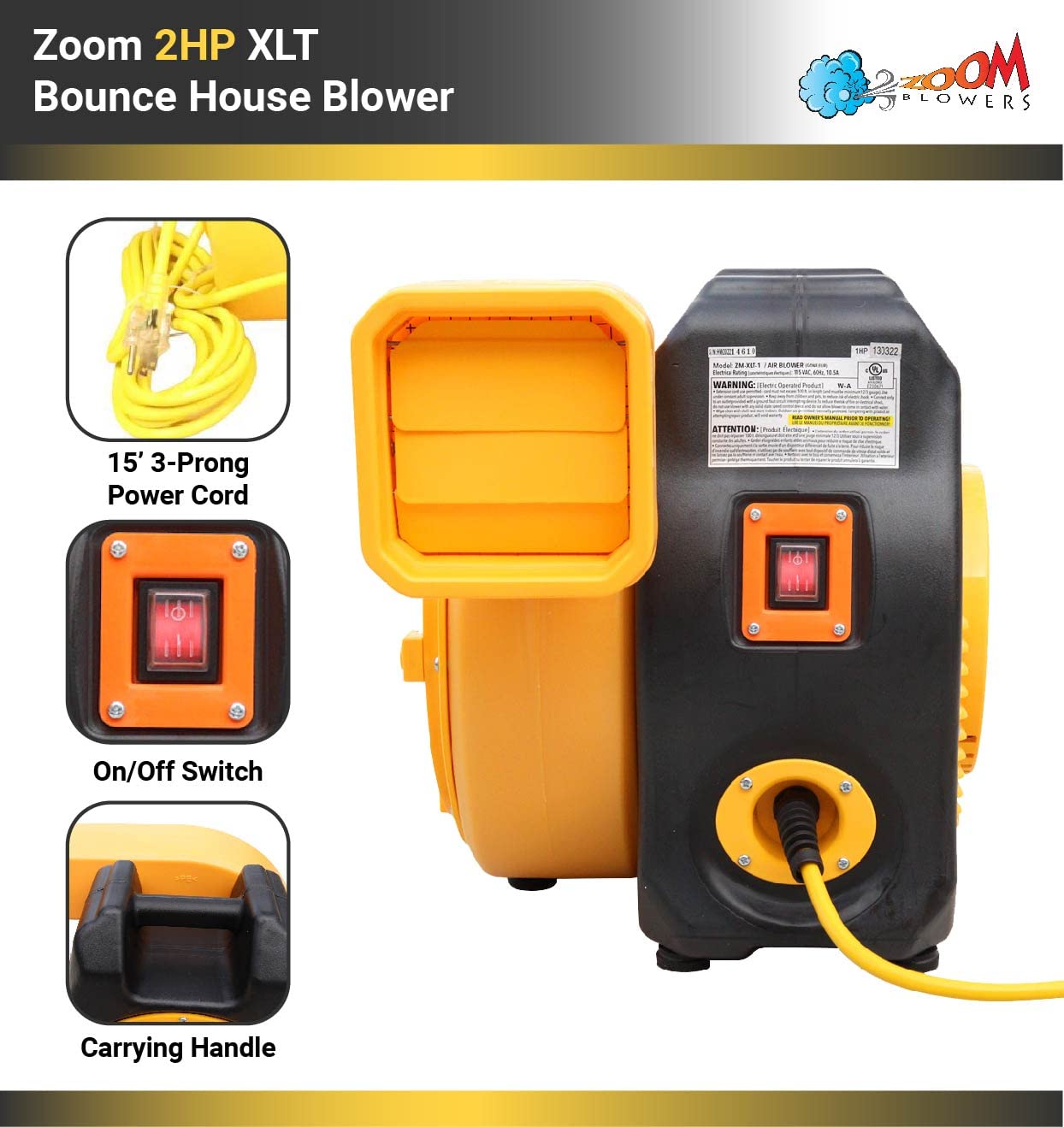 Zoom Blowers XLT Inflatable Bounce House Blower for Bouncy Jump Castle, Water Slides, and Obstacle Course, Electric, Energy Efficient, Low Amp Draw, Commercial-Grade